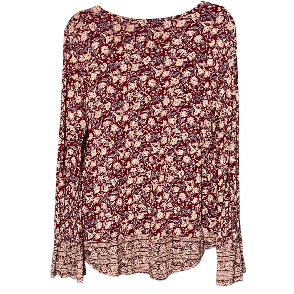 Lucky Brand Floral Burgundy Contrast Border Long Bell Sleeve Lightweight Blouse - Picture 6 of 9